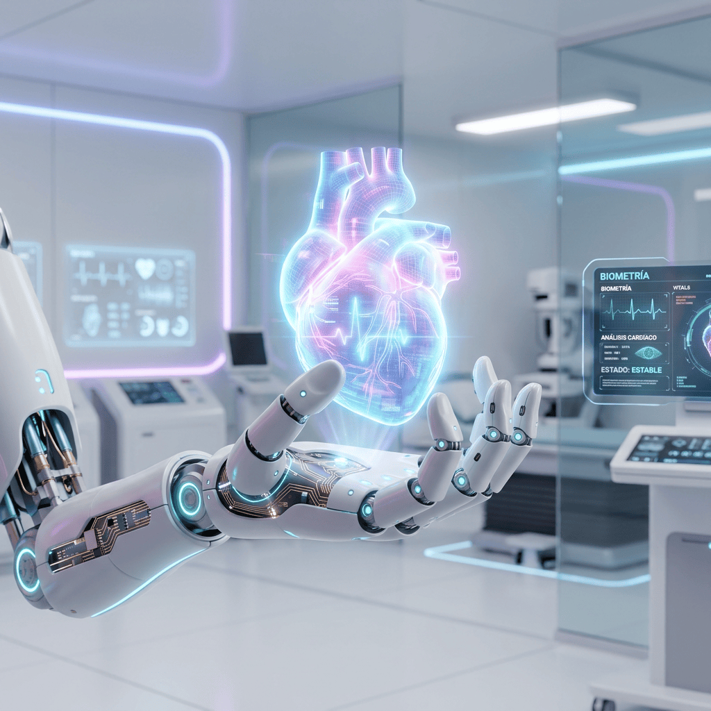 Robotic hand holding holographic heart; screen reads “BIOMETRÍA,” “ANÁLISIS CARDÍACO,” and “ESTADO: ESTABLE.”