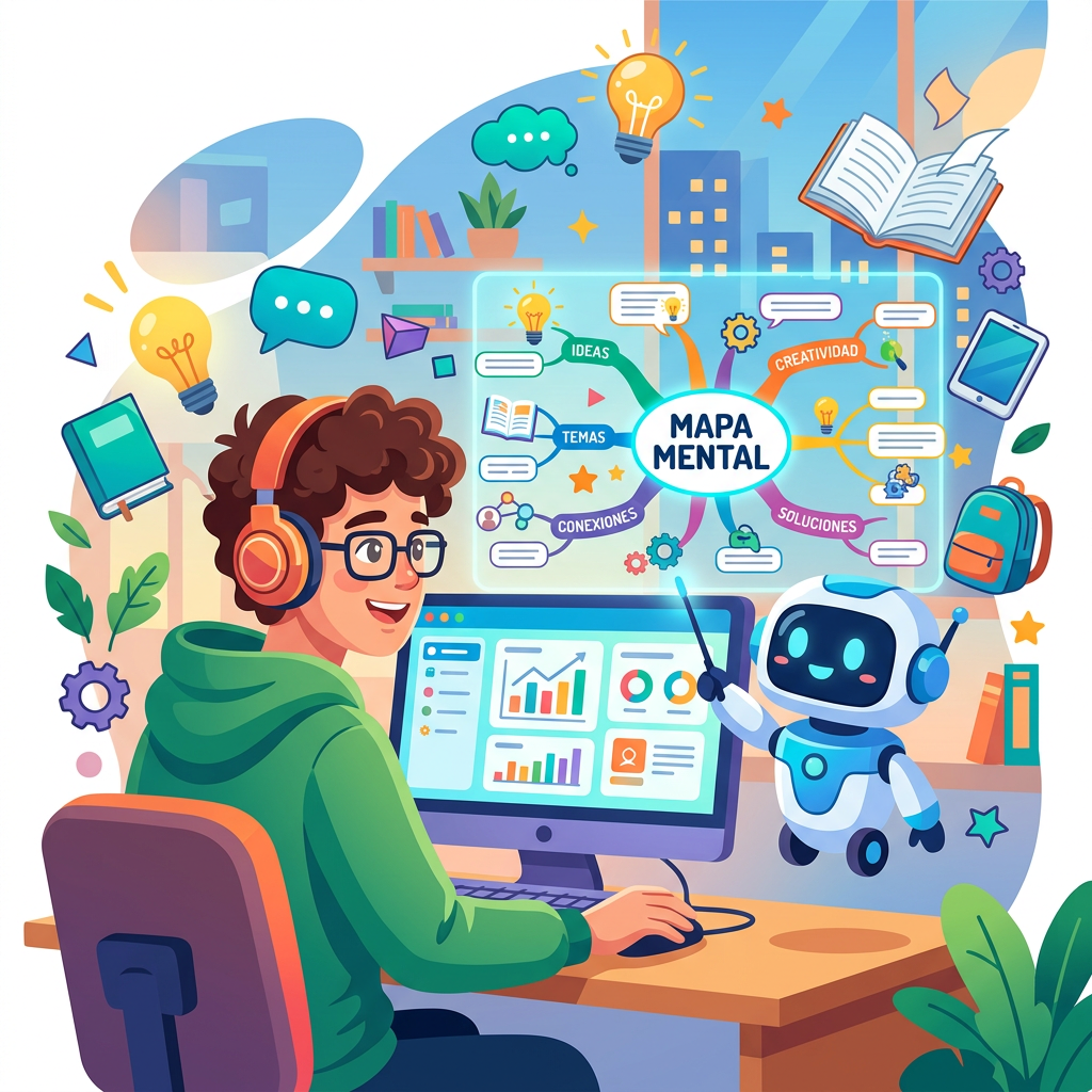 Estudiante y robot crean un MAPA MENTAL con IDEAS, TEMAS, CONEXIONES, CREATIVIDAD y SOLUCIONES